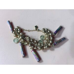 Gold Tone Boho Charm Bracelet with Coins Tassels‎ and Filigree Beads Multi Color